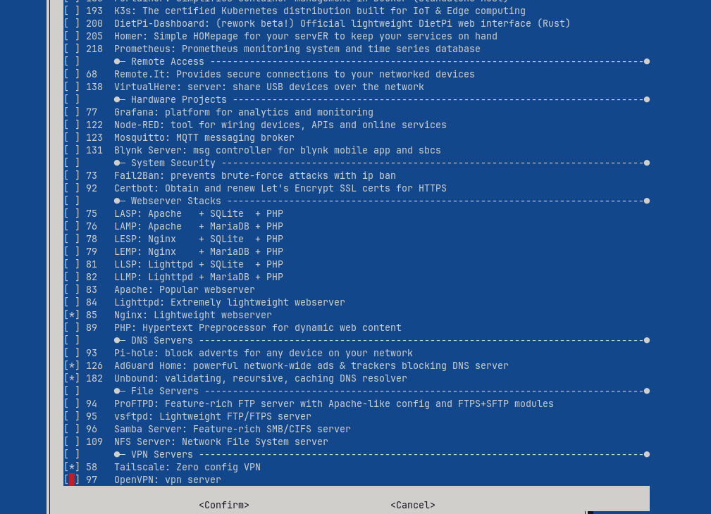 DietPi-Software menu showing AdGuard Home selected under DNS Servers