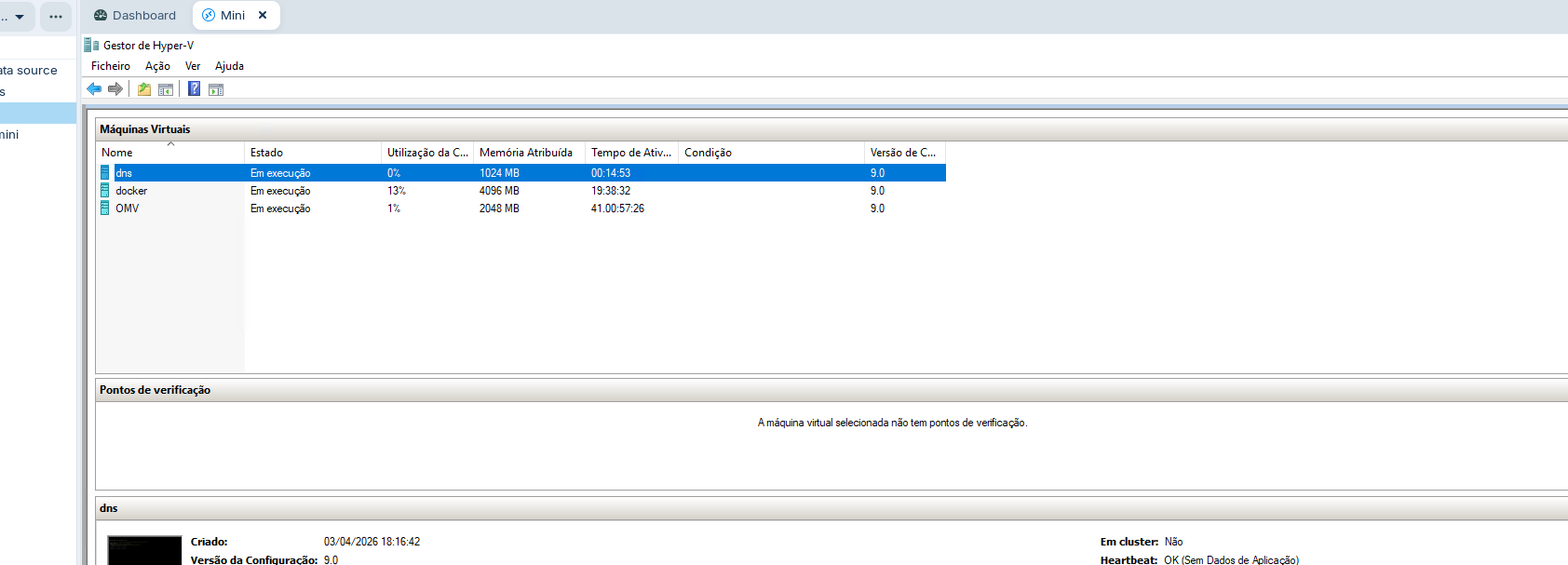 My three VMs running on Hyper-V: dns, docker, and OMV